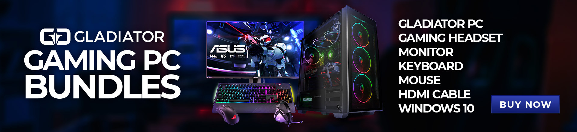 Gaming PC Bundles - get a Gladiator PC with a keyboard, mouse, monitor, HDMI cable, headset and Windows 10 Home